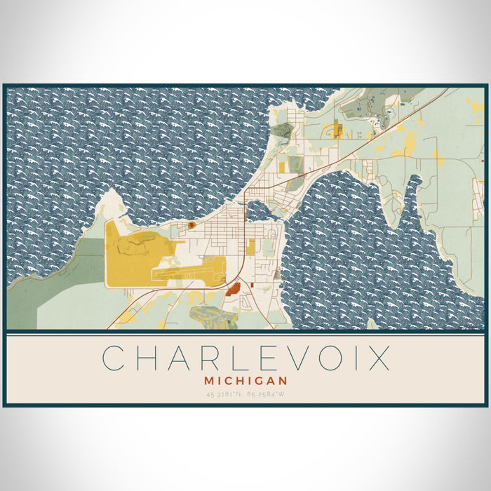 Charlevoix Michigan Map Print Landscape Orientation in Woodblock Style With Shaded Background