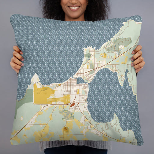 Person holding 22x22 Custom Charlevoix Michigan Map Throw Pillow in Woodblock