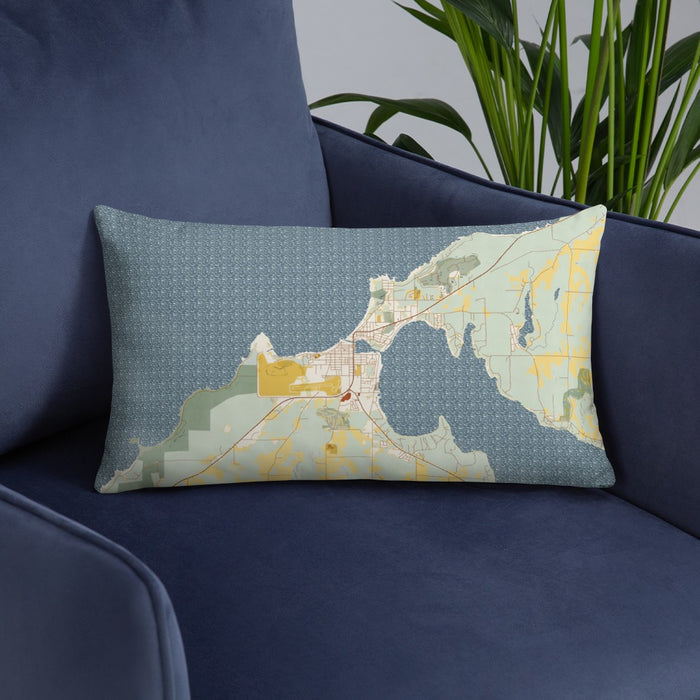 Custom Charlevoix Michigan Map Throw Pillow in Woodblock on Blue Colored Chair