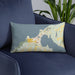Custom Charlevoix Michigan Map Throw Pillow in Woodblock on Blue Colored Chair