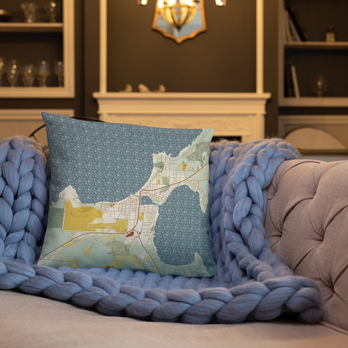 Custom Charlevoix Michigan Map Throw Pillow in Woodblock on Cream Colored Couch