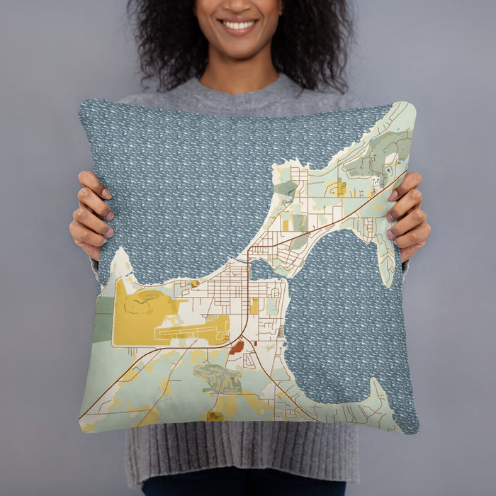 Person holding 18x18 Custom Charlevoix Michigan Map Throw Pillow in Woodblock