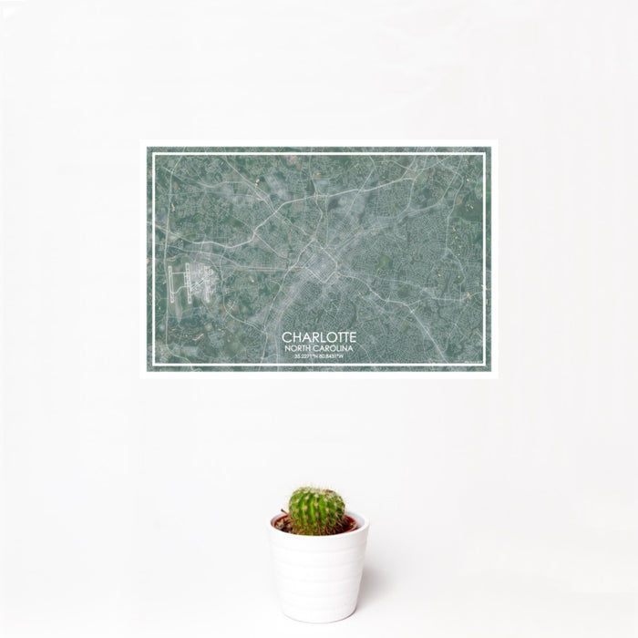 12x18 Charlotte North Carolina Map Print Landscape Orientation in Afternoon Style With Small Cactus Plant in White Planter