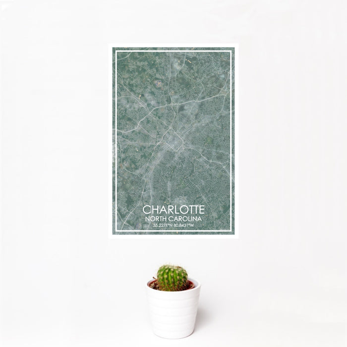 12x18 Charlotte North Carolina Map Print Portrait Orientation in Afternoon Style With Small Cactus Plant in White Planter