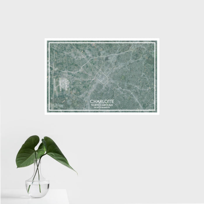 16x24 Charlotte North Carolina Map Print Landscape Orientation in Afternoon Style With Tropical Plant Leaves in Water