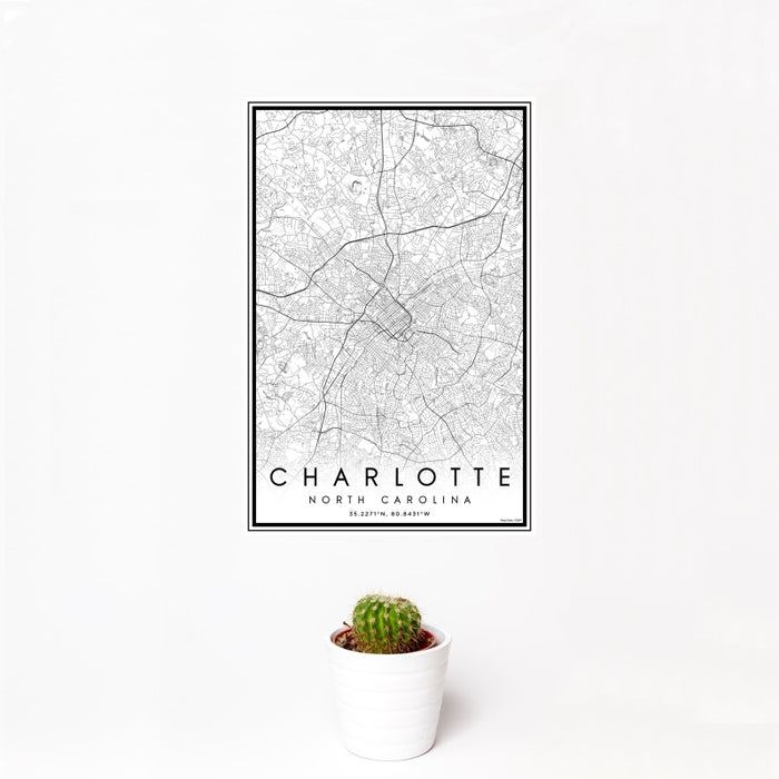 12x18 Charlotte North Carolina Map Print Portrait Orientation in Classic Style With Small Cactus Plant in White Planter