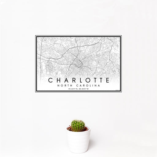 12x18 Charlotte North Carolina Map Print Landscape Orientation in Classic Style With Small Cactus Plant in White Planter