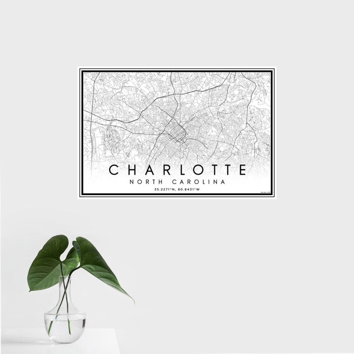 16x24 Charlotte North Carolina Map Print Landscape Orientation in Classic Style With Tropical Plant Leaves in Water