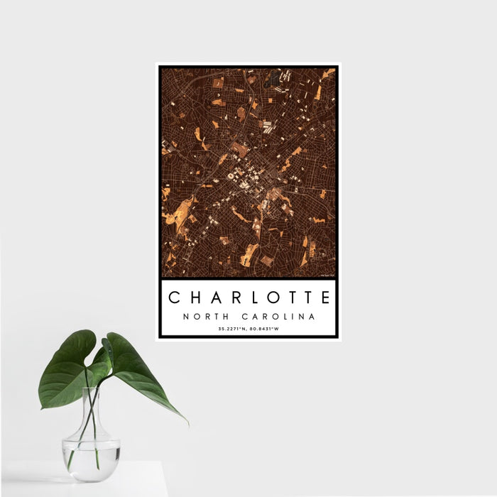16x24 Charlotte North Carolina Map Print Portrait Orientation in Ember Style With Tropical Plant Leaves in Water