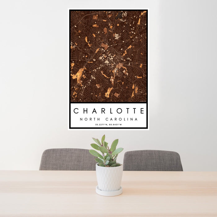 24x36 Charlotte North Carolina Map Print Portrait Orientation in Ember Style Behind 2 Chairs Table and Potted Plant