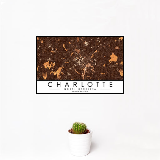 12x18 Charlotte North Carolina Map Print Landscape Orientation in Ember Style With Small Cactus Plant in White Planter
