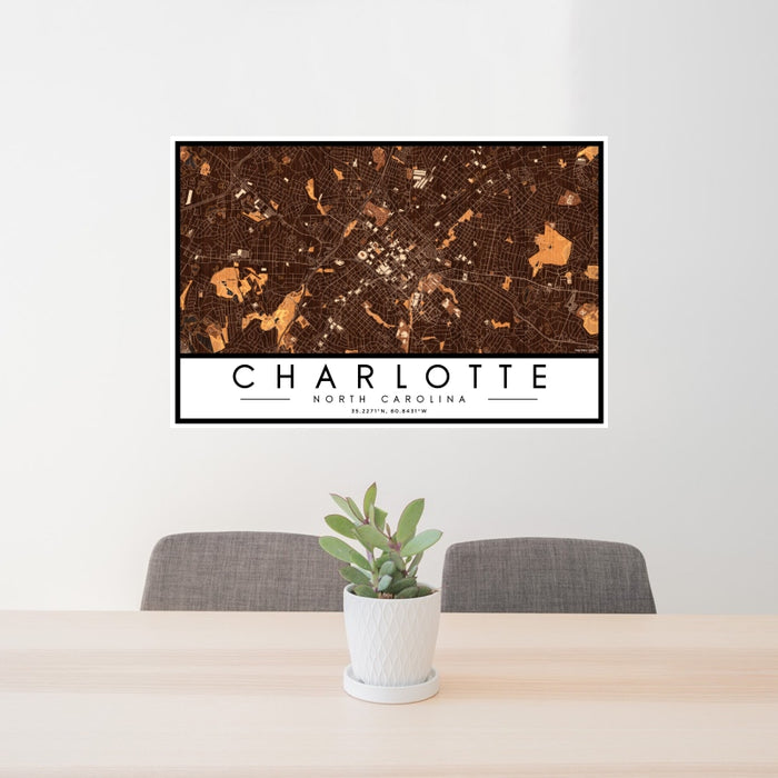 24x36 Charlotte North Carolina Map Print Landscape Orientation in Ember Style Behind 2 Chairs Table and Potted Plant