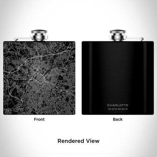 Rendered View of Charlotte North Carolina Map Engraving on 6oz Stainless Steel Flask in Black
