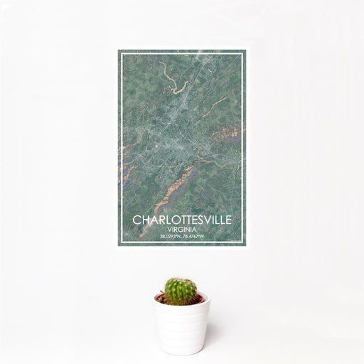12x18 Charlottesville Virginia Map Print Portrait Orientation in Afternoon Style With Small Cactus Plant in White Planter