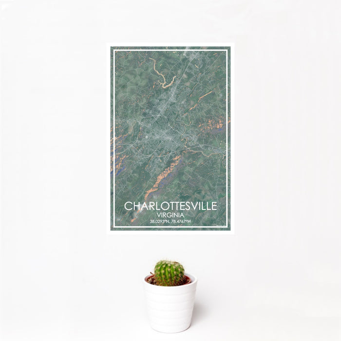 12x18 Charlottesville Virginia Map Print Portrait Orientation in Afternoon Style With Small Cactus Plant in White Planter