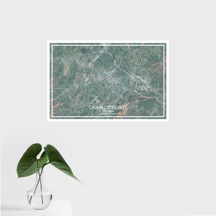 16x24 Charlottesville Virginia Map Print Landscape Orientation in Afternoon Style With Tropical Plant Leaves in Water