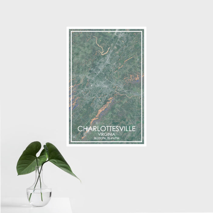 16x24 Charlottesville Virginia Map Print Portrait Orientation in Afternoon Style With Tropical Plant Leaves in Water