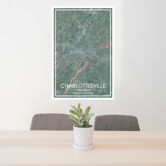24x36 Charlottesville Virginia Map Print Portrait Orientation in Afternoon Style Behind 2 Chairs Table and Potted Plant