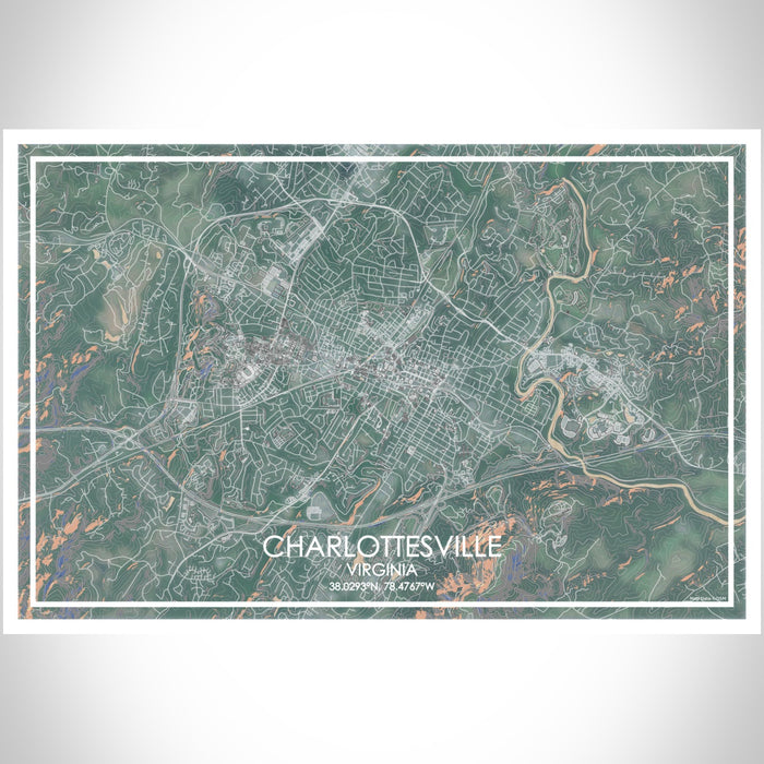 Charlottesville Virginia Map Print Landscape Orientation in Afternoon Style With Shaded Background