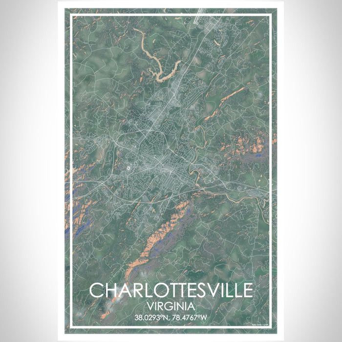 Charlottesville Virginia Map Print Portrait Orientation in Afternoon Style With Shaded Background
