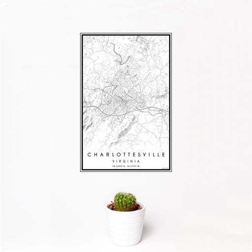 12x18 Charlottesville Virginia Map Print Portrait Orientation in Classic Style With Small Cactus Plant in White Planter