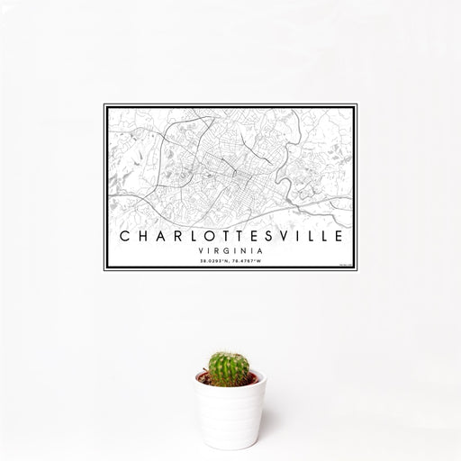 12x18 Charlottesville Virginia Map Print Landscape Orientation in Classic Style With Small Cactus Plant in White Planter