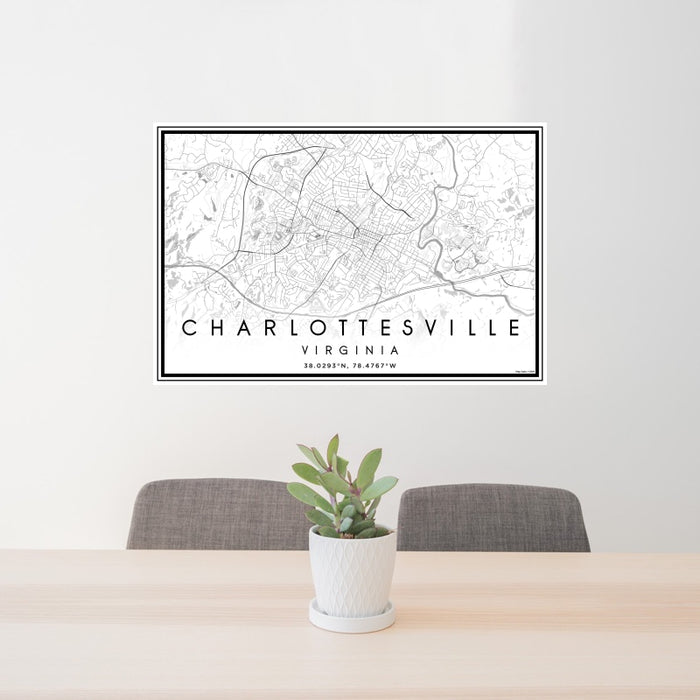 24x36 Charlottesville Virginia Map Print Landscape Orientation in Classic Style Behind 2 Chairs Table and Potted Plant