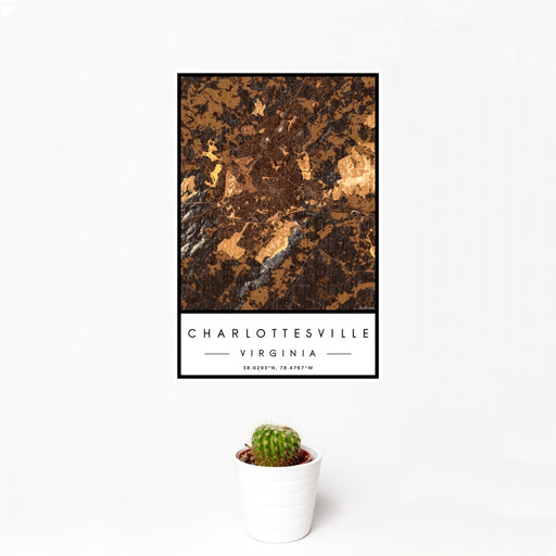 12x18 Charlottesville Virginia Map Print Portrait Orientation in Ember Style With Small Cactus Plant in White Planter