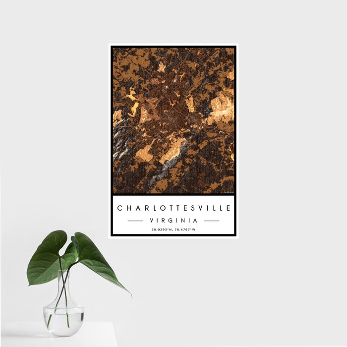 16x24 Charlottesville Virginia Map Print Portrait Orientation in Ember Style With Tropical Plant Leaves in Water