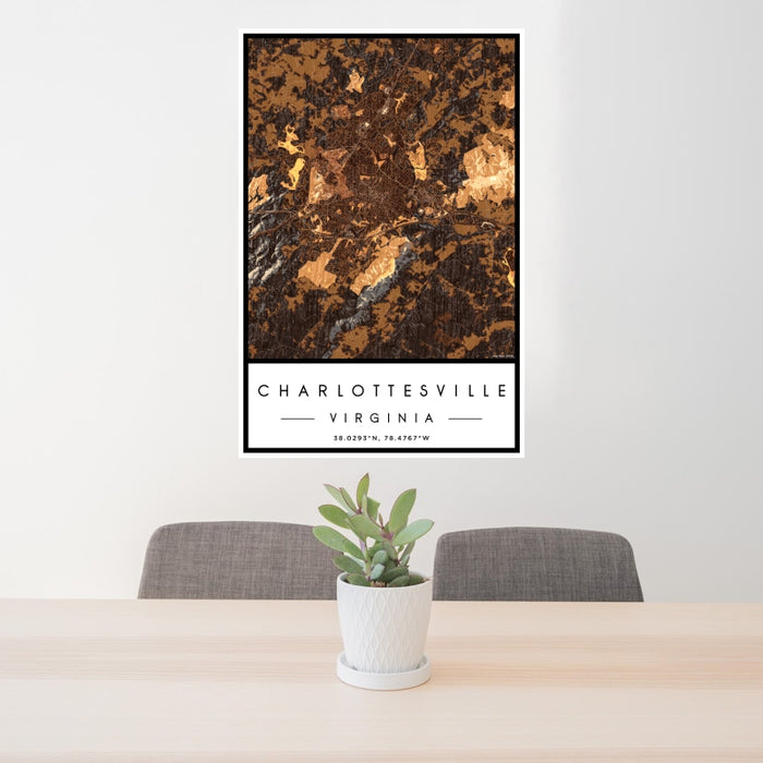 24x36 Charlottesville Virginia Map Print Portrait Orientation in Ember Style Behind 2 Chairs Table and Potted Plant
