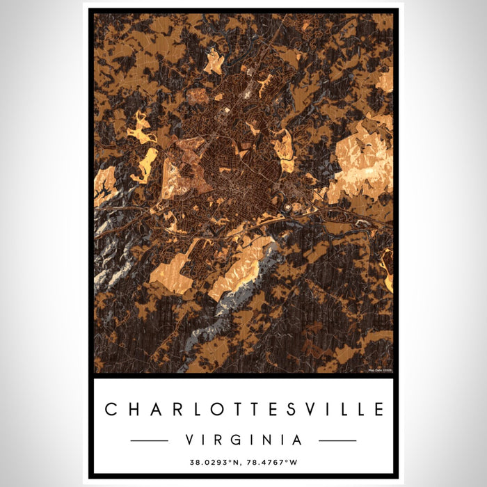 Charlottesville Virginia Map Print Portrait Orientation in Ember Style With Shaded Background