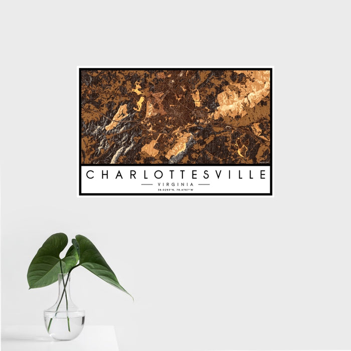 16x24 Charlottesville Virginia Map Print Landscape Orientation in Ember Style With Tropical Plant Leaves in Water