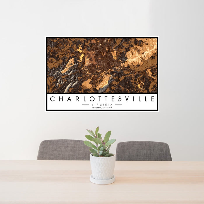24x36 Charlottesville Virginia Map Print Landscape Orientation in Ember Style Behind 2 Chairs Table and Potted Plant
