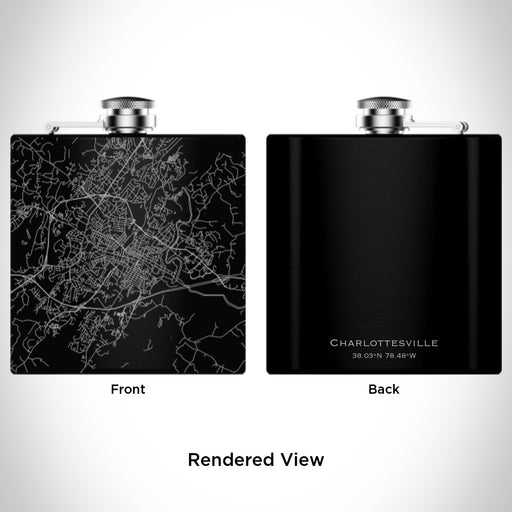 Rendered View of Charlottesville Virginia Map Engraving on 6oz Stainless Steel Flask in Black