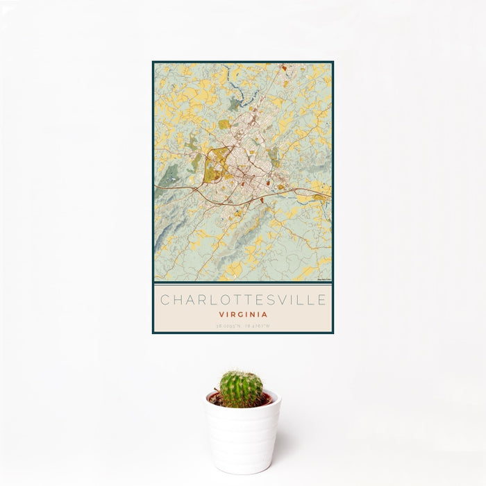 12x18 Charlottesville Virginia Map Print Portrait Orientation in Woodblock Style With Small Cactus Plant in White Planter