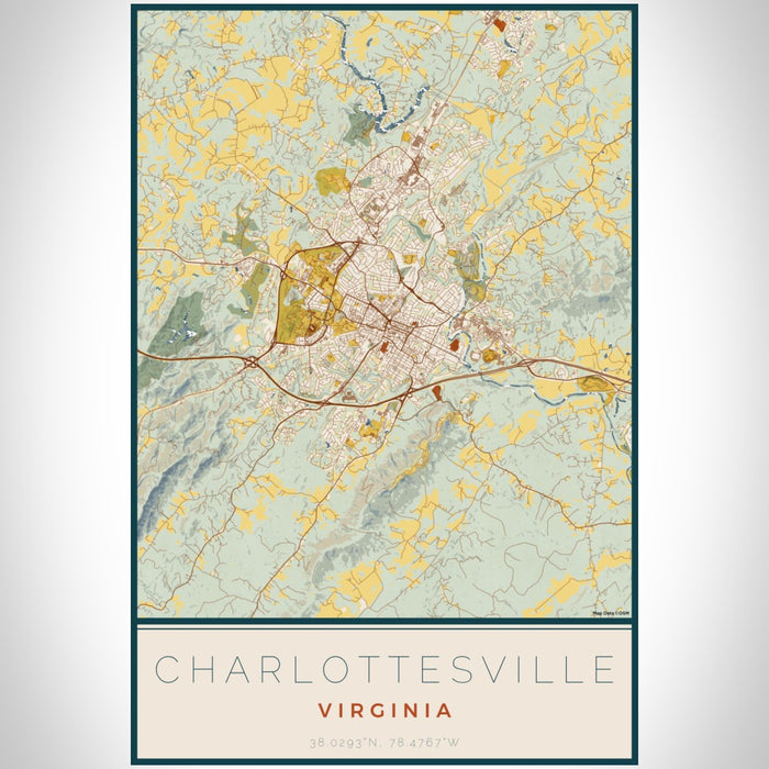 Charlottesville Virginia Map Print Portrait Orientation in Woodblock Style With Shaded Background