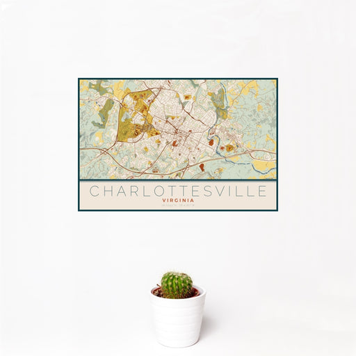 12x18 Charlottesville Virginia Map Print Landscape Orientation in Woodblock Style With Small Cactus Plant in White Planter