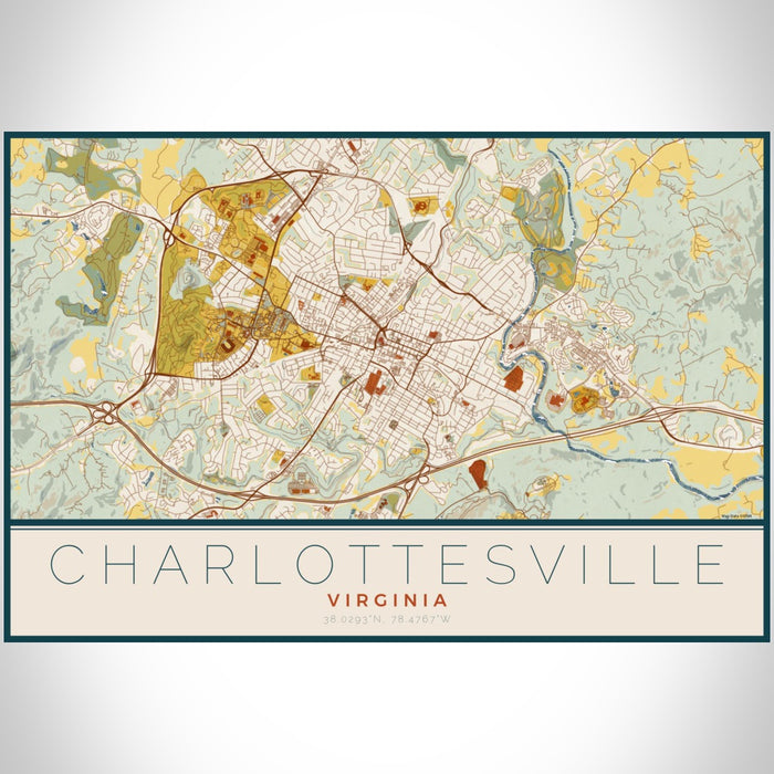 Charlottesville Virginia Map Print Landscape Orientation in Woodblock Style With Shaded Background
