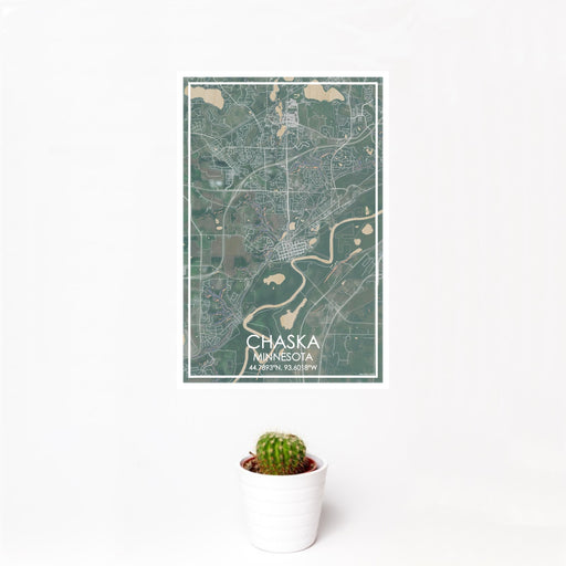 12x18 Chaska Minnesota Map Print Portrait Orientation in Afternoon Style With Small Cactus Plant in White Planter