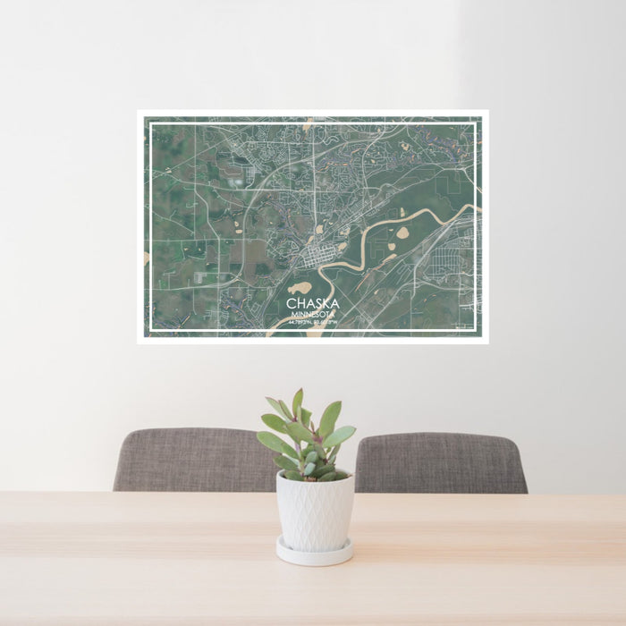 24x36 Chaska Minnesota Map Print Lanscape Orientation in Afternoon Style Behind 2 Chairs Table and Potted Plant