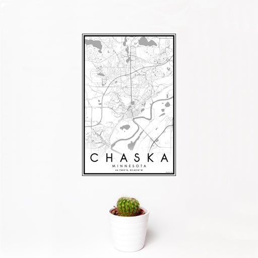 12x18 Chaska Minnesota Map Print Portrait Orientation in Classic Style With Small Cactus Plant in White Planter