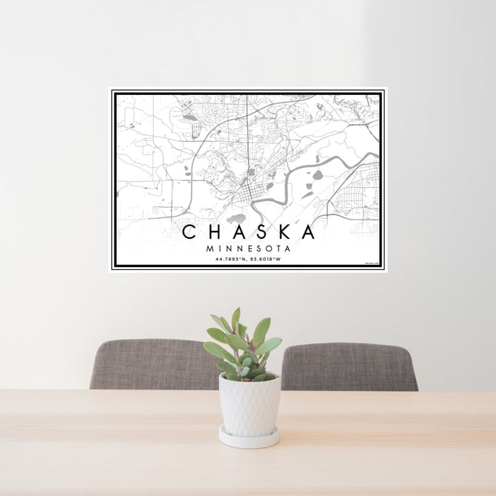 24x36 Chaska Minnesota Map Print Landscape Orientation in Classic Style Behind 2 Chairs Table and Potted Plant