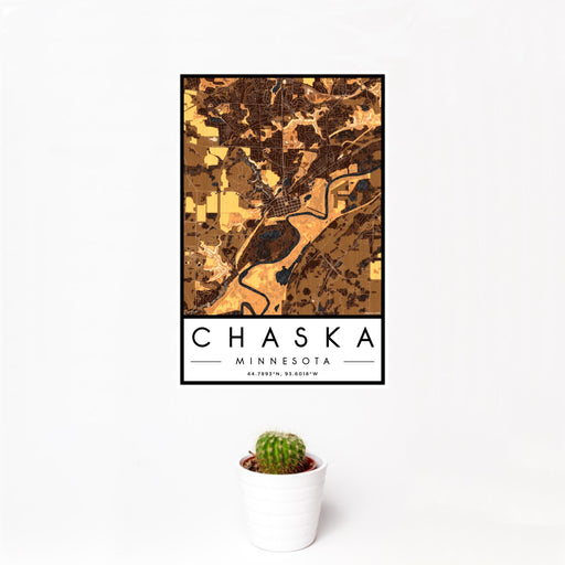 12x18 Chaska Minnesota Map Print Portrait Orientation in Ember Style With Small Cactus Plant in White Planter