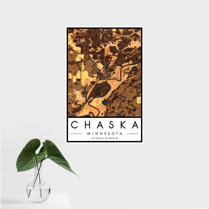 16x24 Chaska Minnesota Map Print Portrait Orientation in Ember Style With Tropical Plant Leaves in Water
