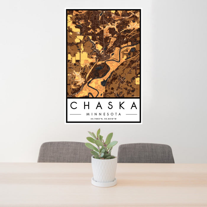 24x36 Chaska Minnesota Map Print Portrait Orientation in Ember Style Behind 2 Chairs Table and Potted Plant