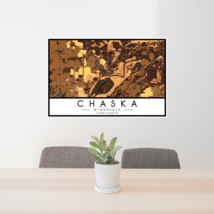 24x36 Chaska Minnesota Map Print Landscape Orientation in Ember Style Behind 2 Chairs Table and Potted Plant