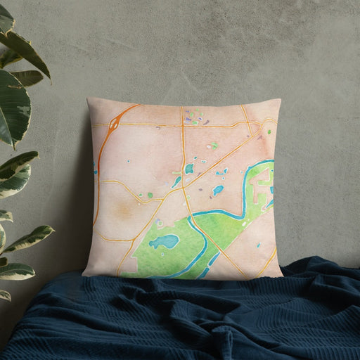 Custom Chaska Minnesota Map Throw Pillow in Watercolor on Bedding Against Wall