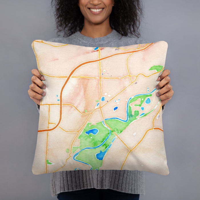Person holding 18x18 Custom Chaska Minnesota Map Throw Pillow in Watercolor
