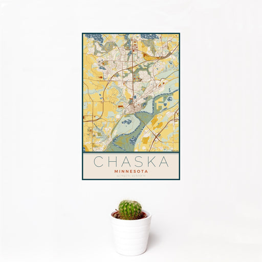 12x18 Chaska Minnesota Map Print Portrait Orientation in Woodblock Style With Small Cactus Plant in White Planter
