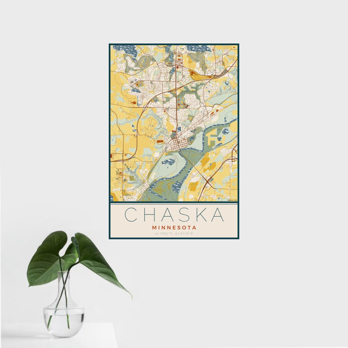 16x24 Chaska Minnesota Map Print Portrait Orientation in Woodblock Style With Tropical Plant Leaves in Water